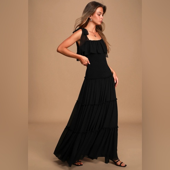Lulus Like a Fairy Tale Black Maxi Dress M Smocked Tiered Tie Strap Boho Formal - Picture 3 of 10